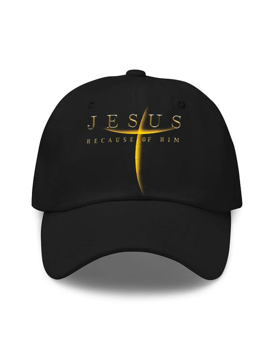 Unisex Flag Cross “Jesus Because Of Him” Print Baseball Cap - trupatriotic