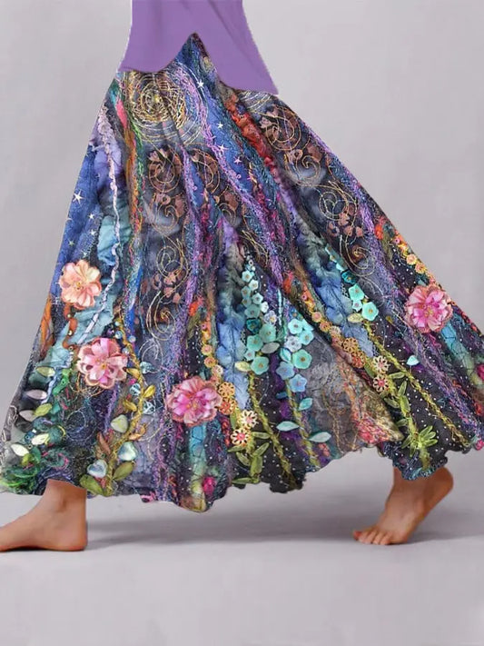 Women's Purple Floral Print Cotton and Linen Skirt cherishyouo