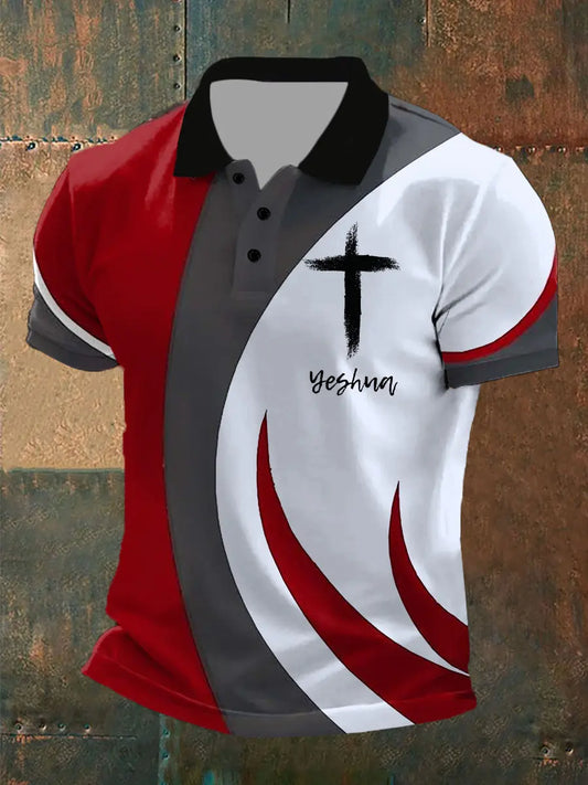 Men's Bible Verse Yeshua Faith Cross Printed Short Sleeve POLO T-Shirt - trupatriotic