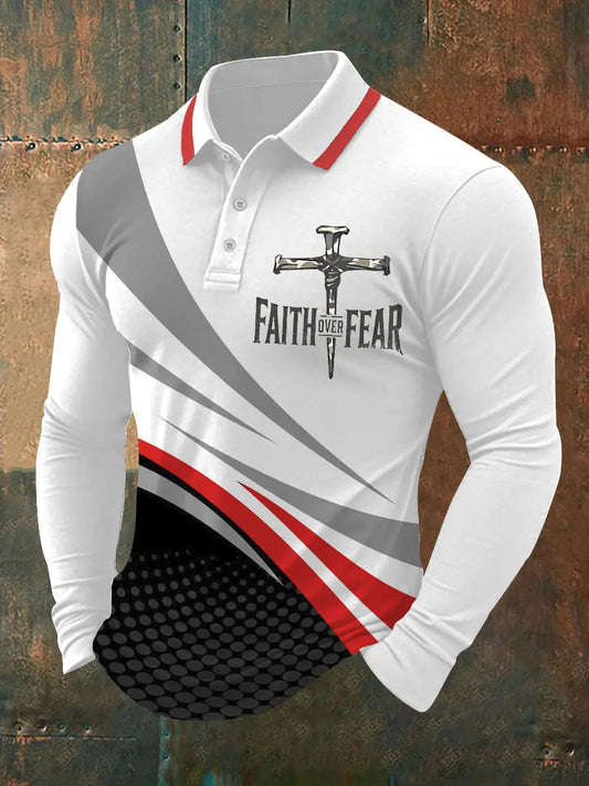 Men's Faith Over Fear Cross Faith Geometric Art Print Casual Long-Sleeve Polo - trupatriotic