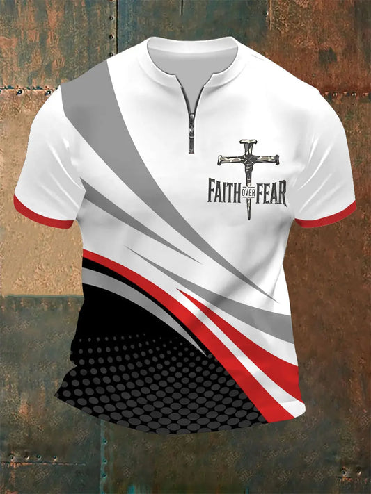 Men's Faith Over Fear Cross Faith Geometric Print Casual Zip Top - trupatriotic