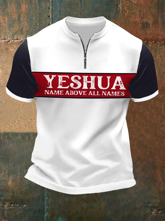 Men's Yeshua Name Above All Names Contrast Print Casual Zip Top - trupatriotic