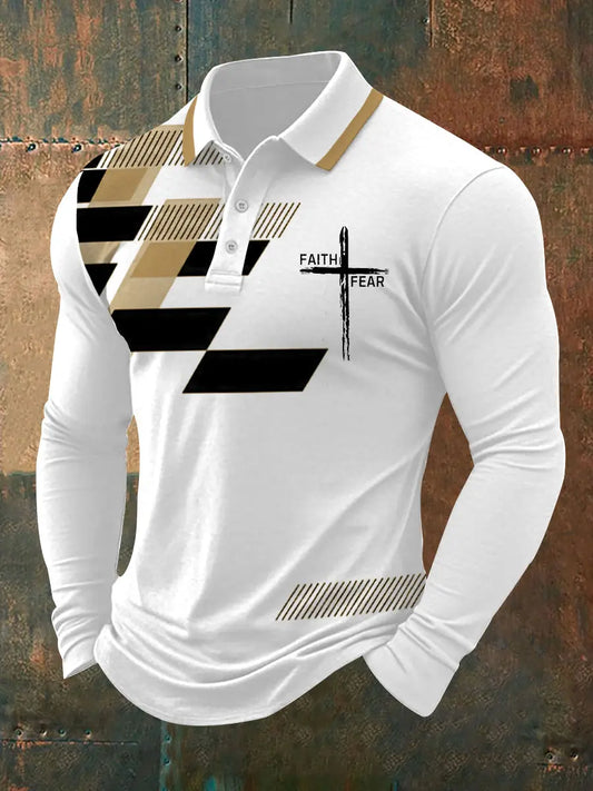 Men's Faith Over Fear Cross Faith Geometric Print Casual Long-Sleeve Polo - trupatriotic