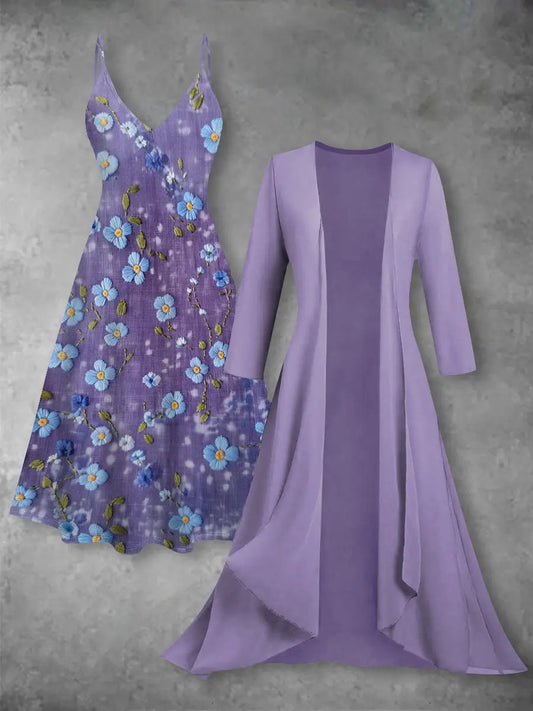 Women's Purple Forget-Me-Not Flowers Print Alzheimer's Awareness Support Dress Cardigan Two Piece Set trupatriotic