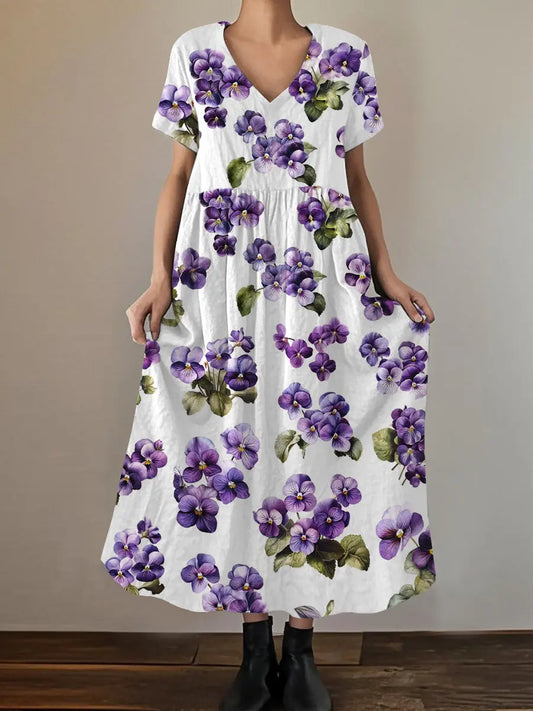 Women's Purple Pansy Print Alzheimer's Awareness Support Short-Sleeve Dress trupatriotic
