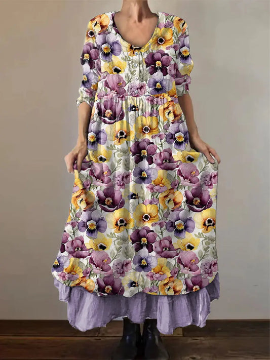 Women's Purple Pansy Print Alzheimer's Awareness Support Dress trupatriotic