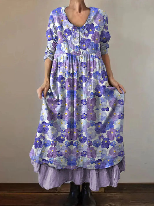 Women's Purple Pansy Print Alzheimer's Awareness Support Dress trupatriotic