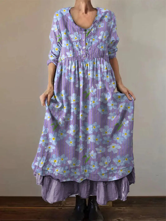 Women's Alzheimer's Awareness Purple Flower Printed Cotton Linen Long Sleeve Maxi Dress trupatriotic