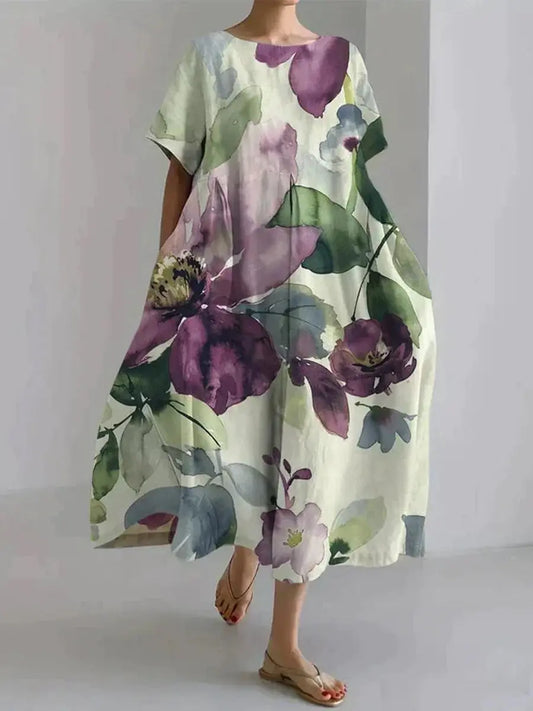 Women's Alzheimer's Awareness Purple Flower Printed Cotton Linen Elegant Maxi Dress trupatriotic