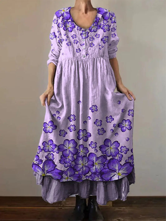 Women's Alzheimer's Awareness Purple Flower Printed Cotton Linen Long Sleeve Maxi Dress trupatriotic