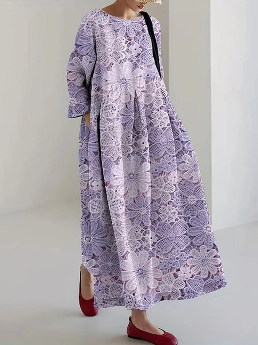 Women's Alzheimer's Awareness Purple Flower Printed Cotton Linen Long Sleeve Maxi Dress trupatriotic