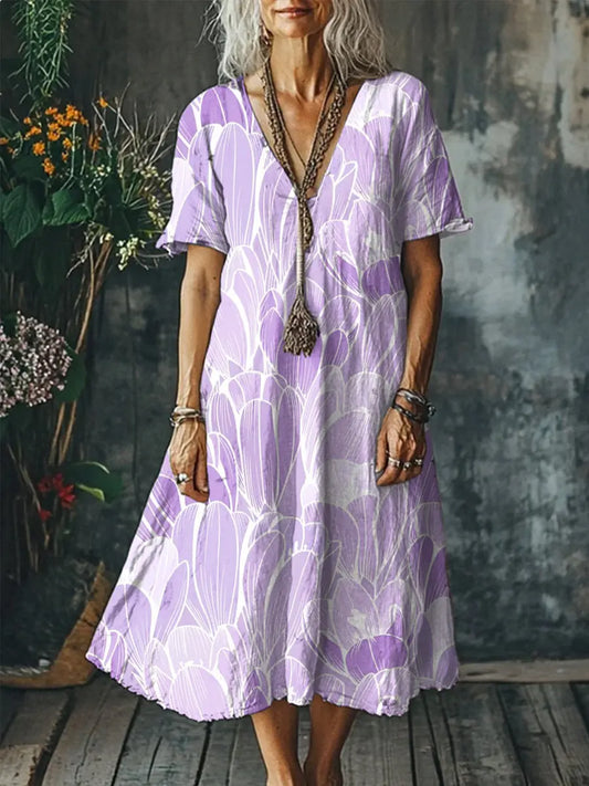 Women's Alzheimer's Awareness Purple Flower Printed Cotton Linen Long Sleeve Maxi Dress trupatriotic