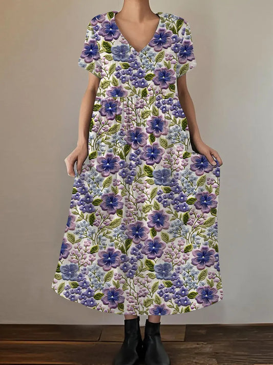 Women's Purple Pansy Print Alzheimer's Awareness Support Short-Sleeve Dress trupatriotic