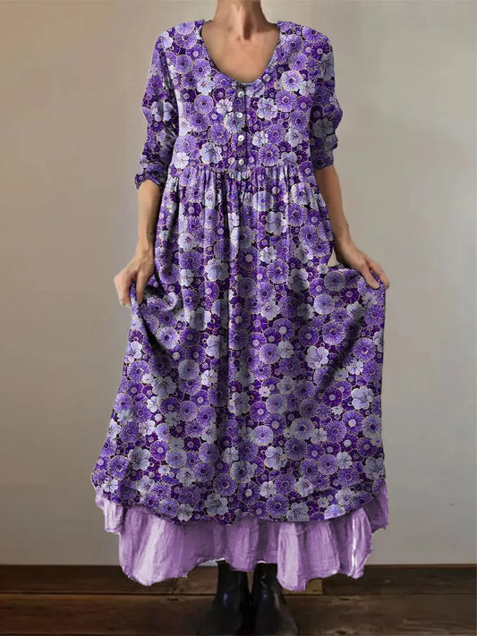 Women's Alzheimer's Awareness Purple Flower Printed Cotton Linen Long Sleeve Maxi Dress trupatriotic