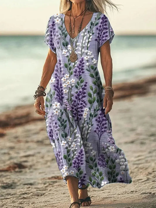 Women's Alzheimer's Awareness Purple Flower Printed Cotton Linen Short Sleeve Maxi Dress trupatriotic