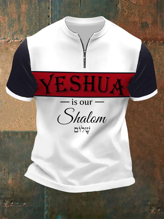 Men's Yeshua Is Our Shalom Christian Casual Zip Tee trupatriotic