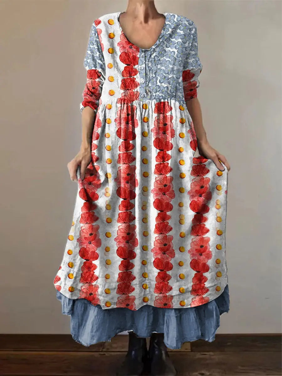 Women's Memorial Day Poppy Flag Veteran Printed Dress - trupatriotic