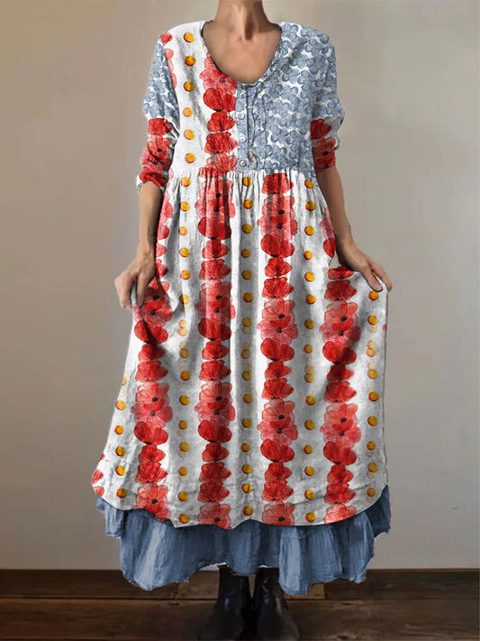 Women's Memorial Day Poppy Flag Veteran Printed Dress - trupatriotic