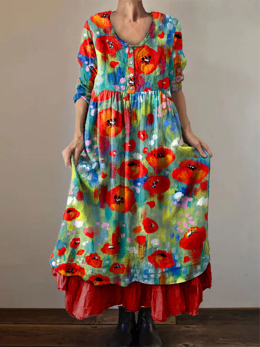Women's Memorial Day Poppy Flag Veteran Poppy Flag Printed Dress - trupatriotic