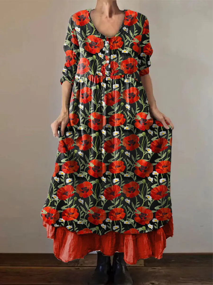 Women's Memorial Day Poppy Flag Veteran Poppy Flag Printed Dress - trupatriotic