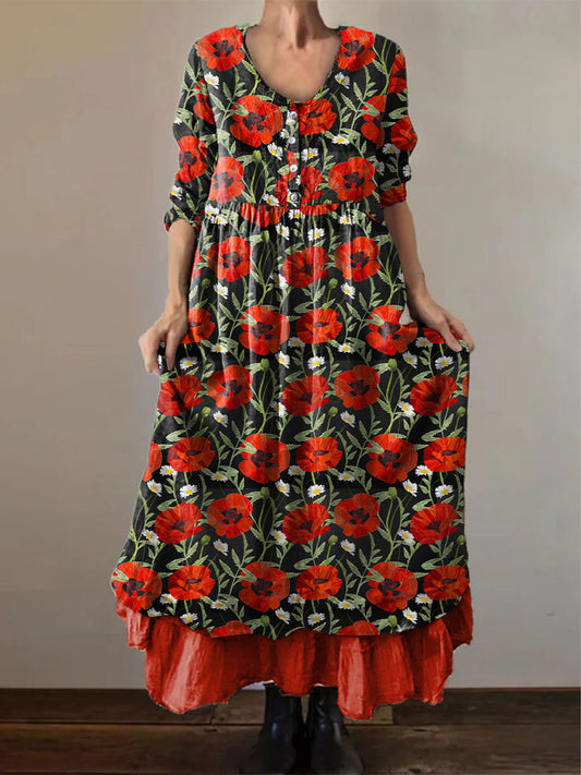 Women's Memorial Day Poppy Flag Veteran Poppy Flag Printed Dress - trupatriotic