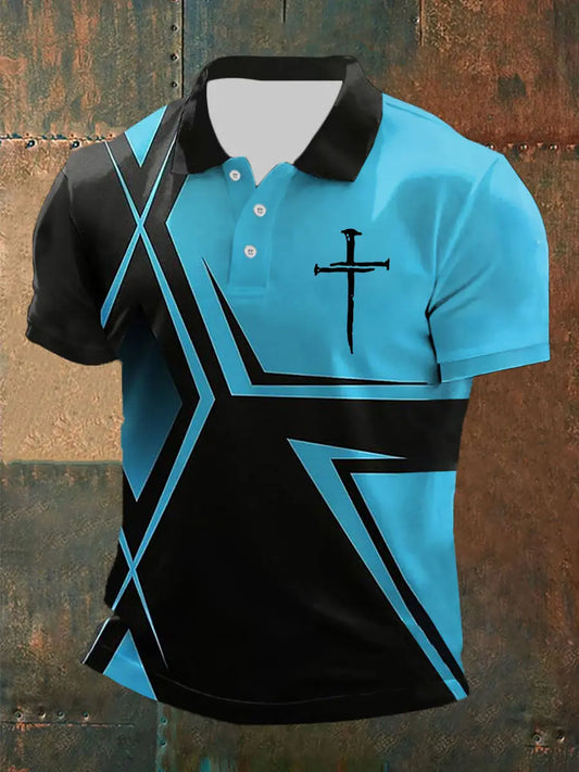 Men's Faith Cross Printed O-Neck  Short Sleeve POLO T-Shirt - trupatriotic
