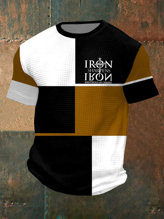 Men's Iron Sharpens Iron Faith Cross Printed Waffle Short-sleeved T-shirt - trupatriotic