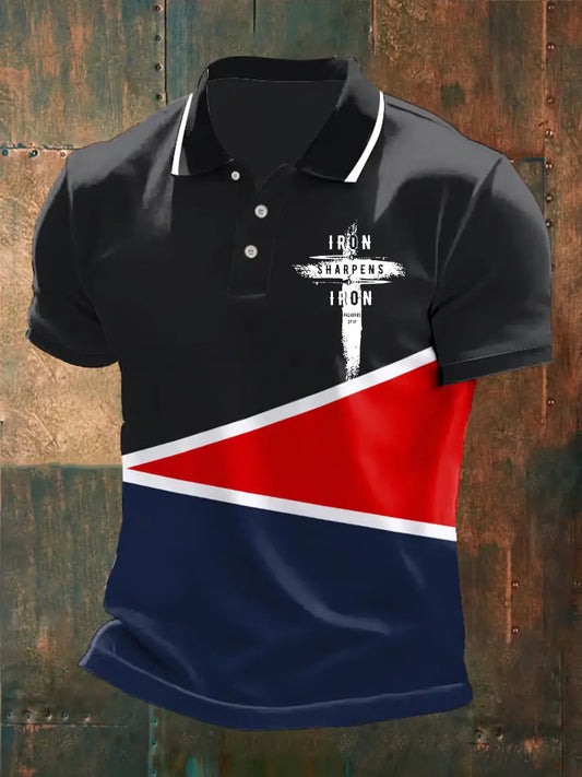 Men's Iron Sharpens Iron Faith Cross Printed Short-sleeved  POLO Shirt - trupatriotic