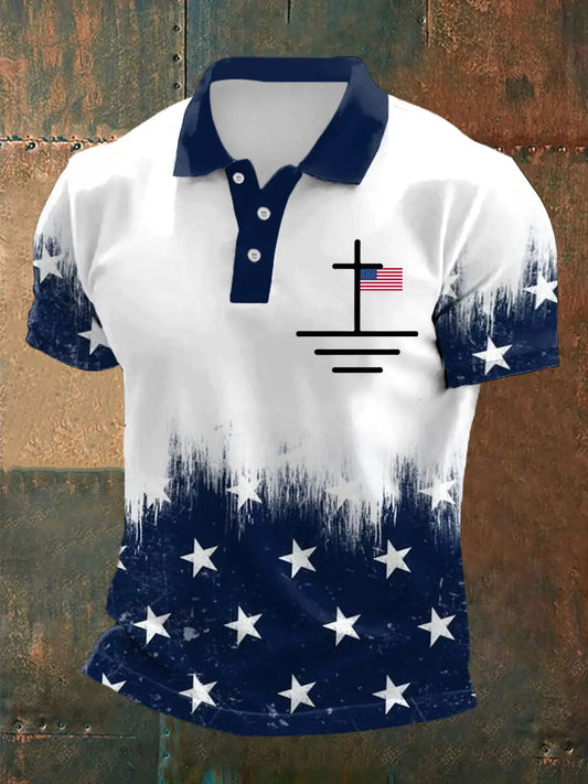 Men's Cross Faith American Flag Print Casual Polo - trupatriotic