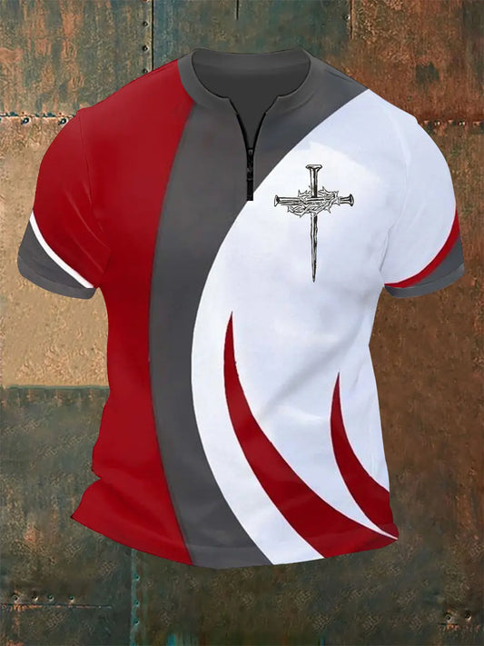 Men's Faith Cross Printed Zip Short Sleeve T-Shirt - trupatriotic