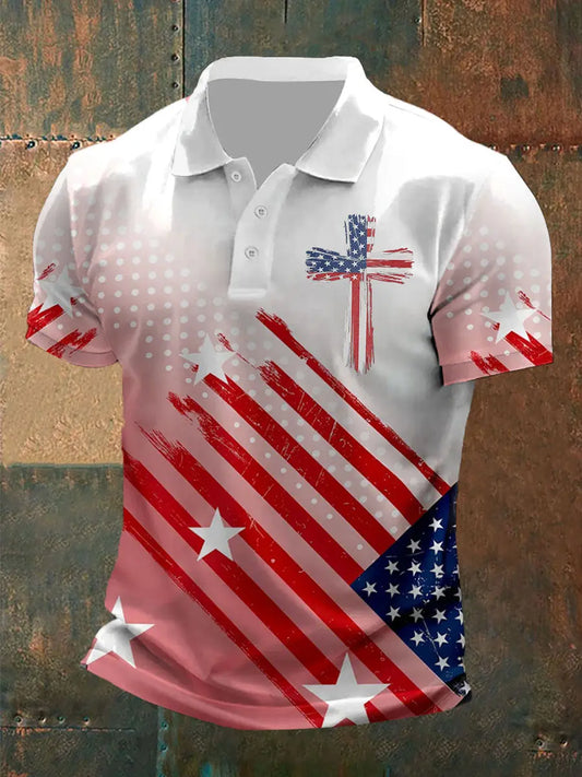 Men's Cross Faith American Flag Print Polo Shirt - trupatriotic