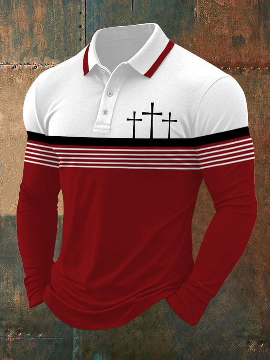 Men's Cross Faith Stripes Print Casual Long-Sleeve Polo - trupatriotic