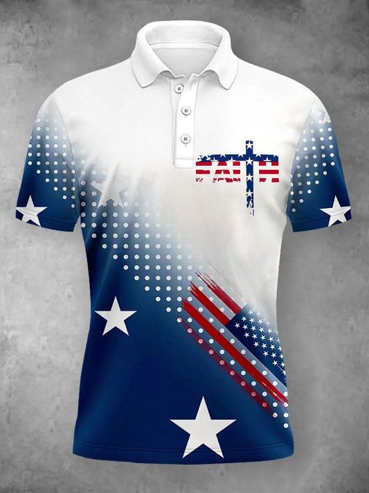 Women's Cross Faith American Flag Print Polo Shirt - trupatriotic