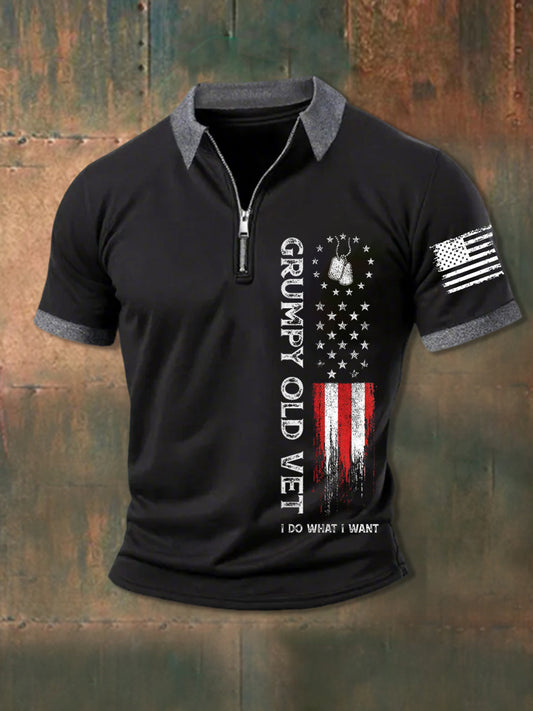 Men's Grumpy Old Vet I Do What I Want Zip Up Short Sleeve Polo - trupatriotic