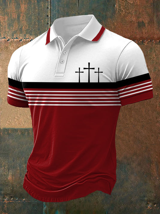 Men's Faith Cross Stripes Print Casual Polo - trupatriotic