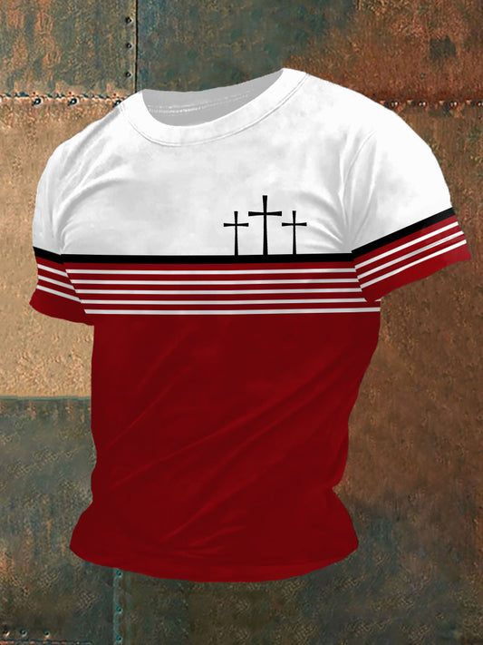 Men's Faith Cross Stripes Print Casual Tee - trupatriotic