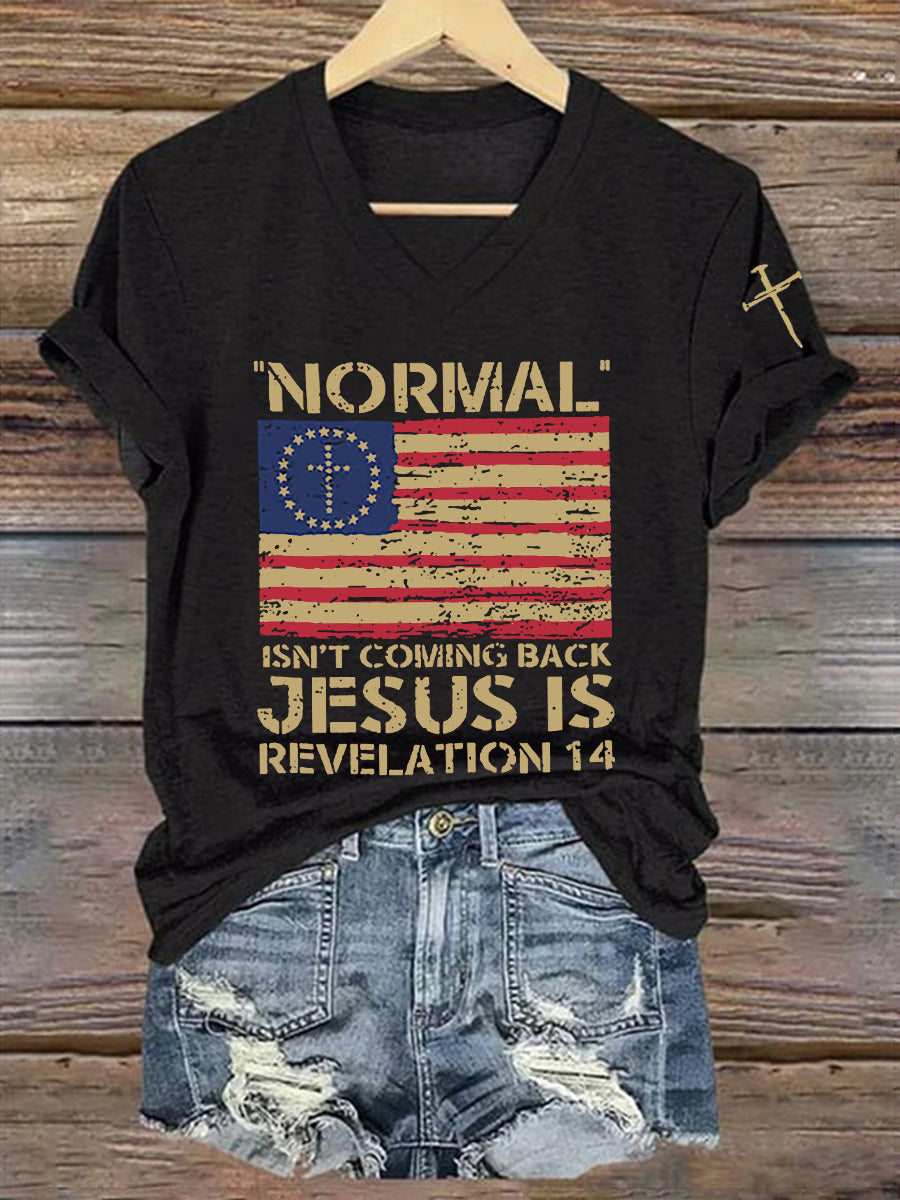 Women's Casual Christian Faith Christ Flag Printed V-Neck Short Sleeve T-Shirt - trupatriotic