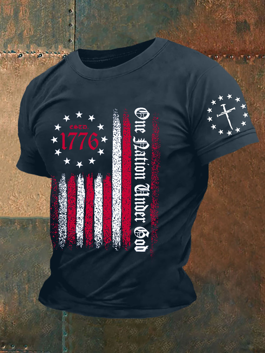 Men's One Nation Under God Faith Cross Flag Printed Short Sleeve T-shirt - trupatriotic