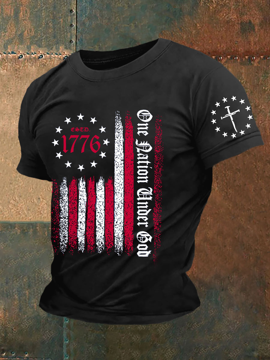 Men's One Nation Under God Faith Cross Flag Printed Short Sleeve T-shirt - trupatriotic