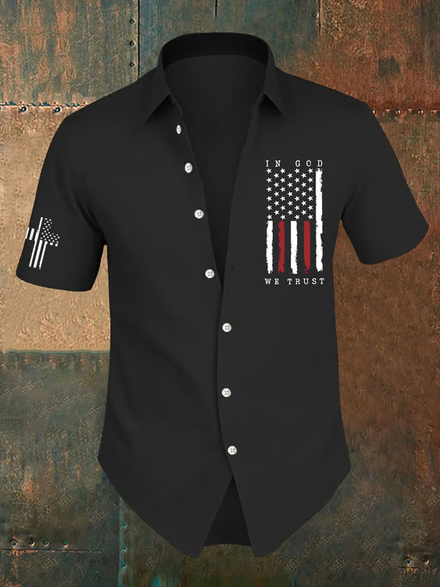 Men's In God We Trust Flag Cross Printed Short Sleeve Shirt - trupatriotic