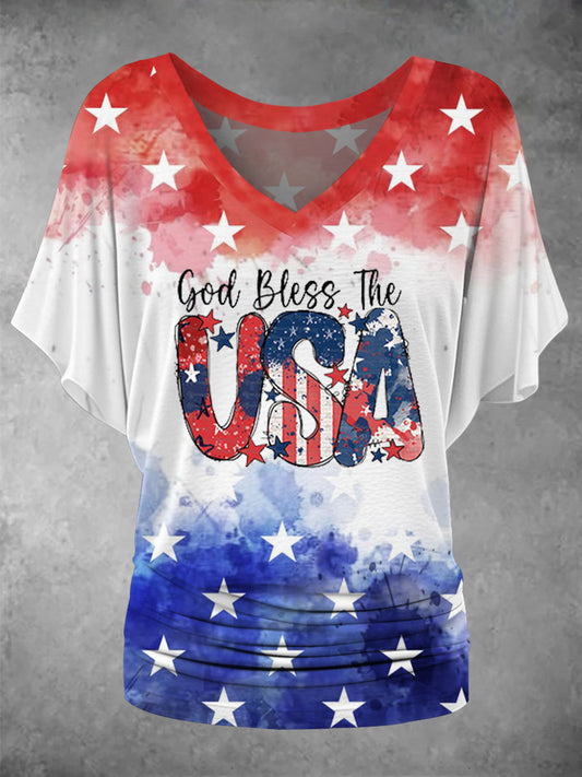 Women's God Bless The USA V-neck Waist Side Ruffle Model Short Sleeve - trupatriotic