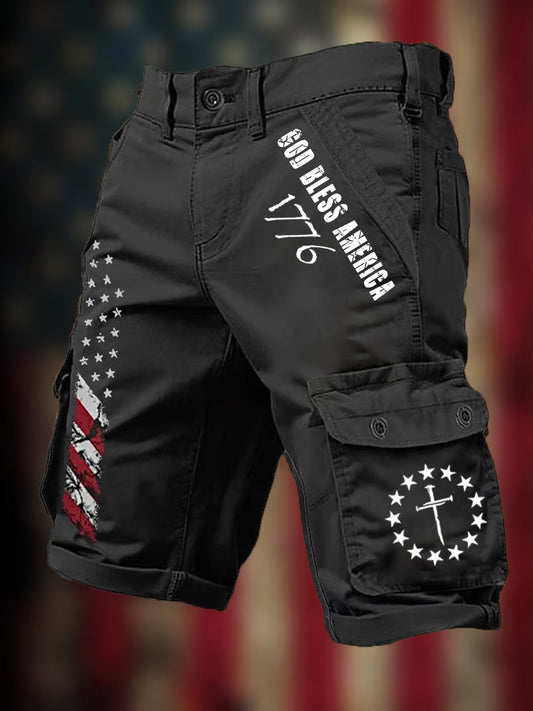 Men's God Bless America 1776 American Flag Print Casual Cargo Shorts - trupatriotic