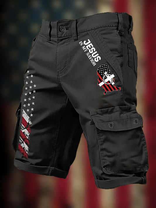 Men's Jesus Is My Savior American Flag Print Casual Cargo Shorts - trupatriotic