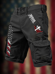 Men's Jesus Is My Savior American Flag Print Casual Cargo Shorts - trupatriotic