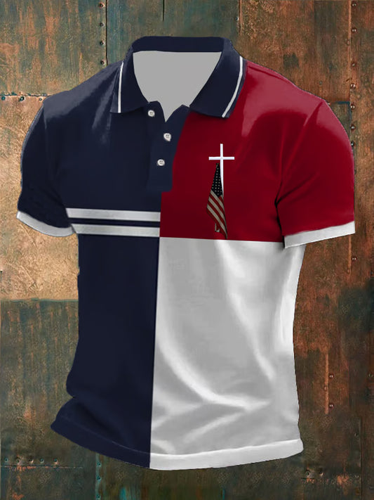 Men's Faith Cross Flag Printed Short Sleeve POLO Shirt - trupatriotic