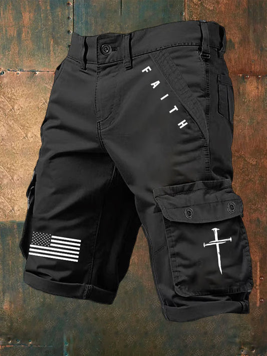 Men's Faith Cross Flag Printed Pants Shorts - trupatriotic