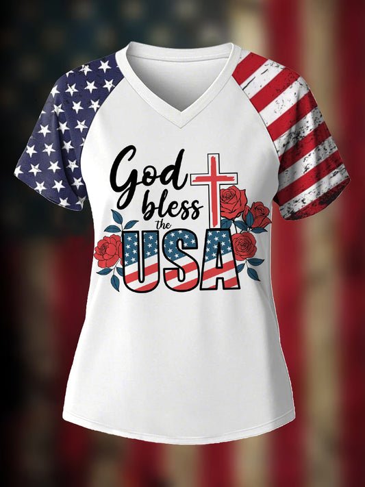 Women's God Bless America American Flag Casual V-Neck Tee - trupatriotic