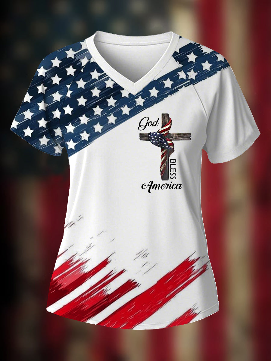 Women's V-neck off-shoulder short-sleeved T-shirt - trupatriotic