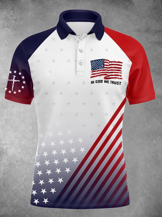 Women's In God We Trust Faith Cross Flag Printed Short Sleeve POLO - trupatriotic