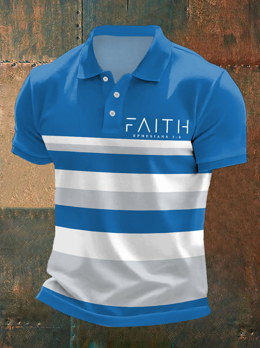 Men's Faith Ephesians 2:8 Stripes Print Casual Polo - trupatriotic